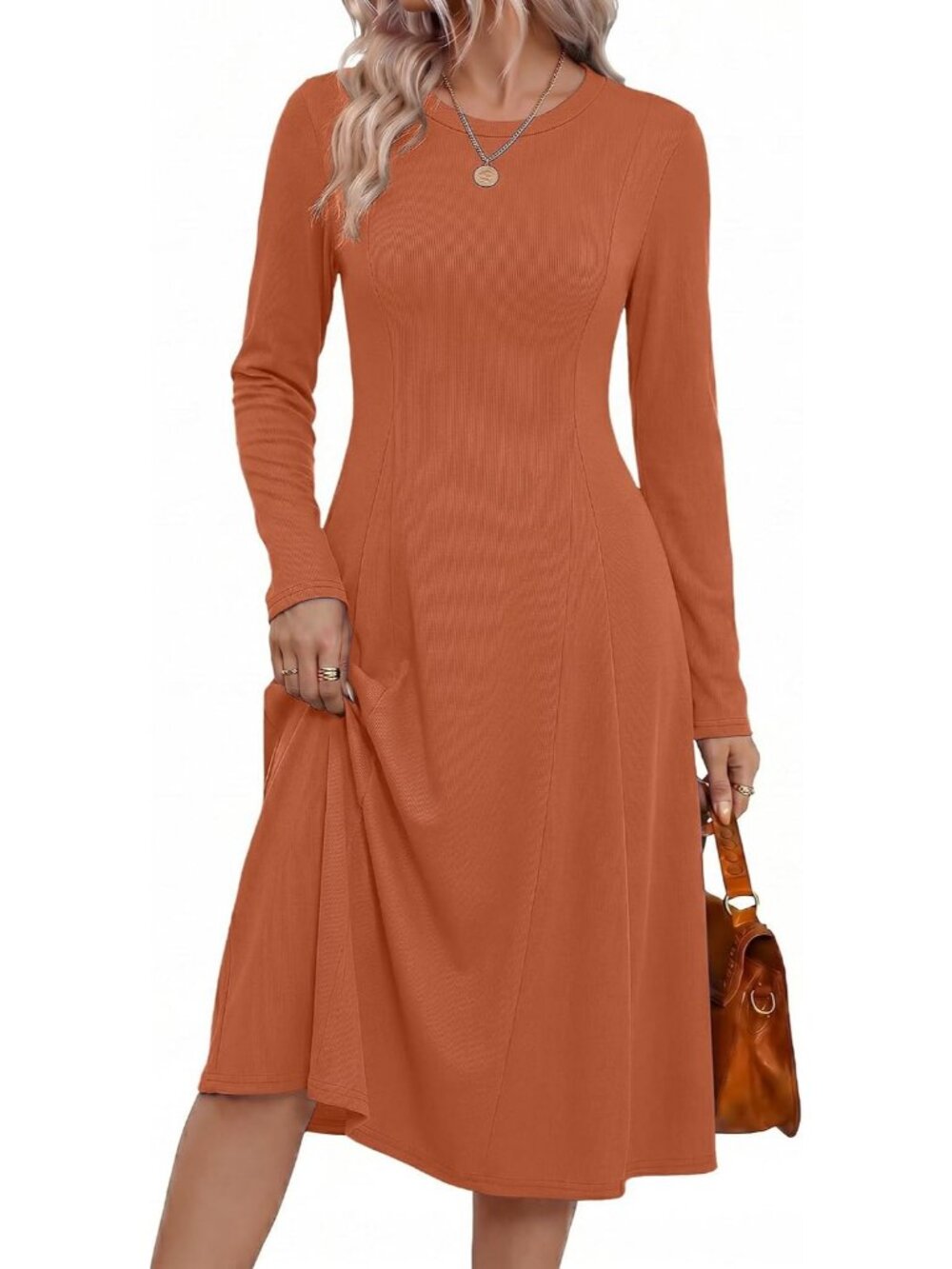 Women's Caramel Sweater Crew Neck Long Sleeve Ribbed Knit A Line Midi Dresses